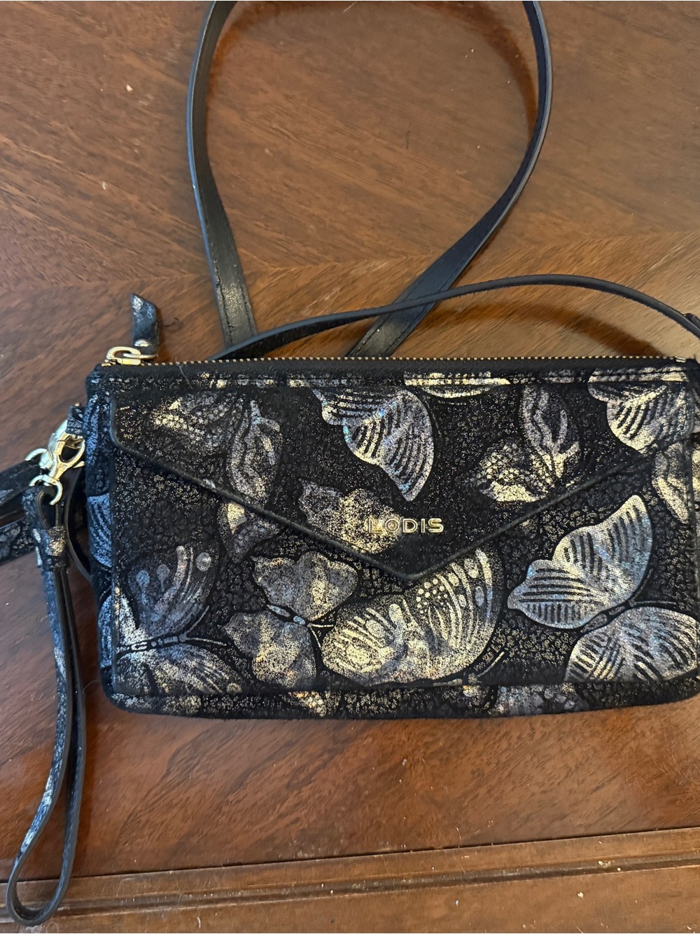 Lodis Black Crossbody with Silver Floral Butterflies